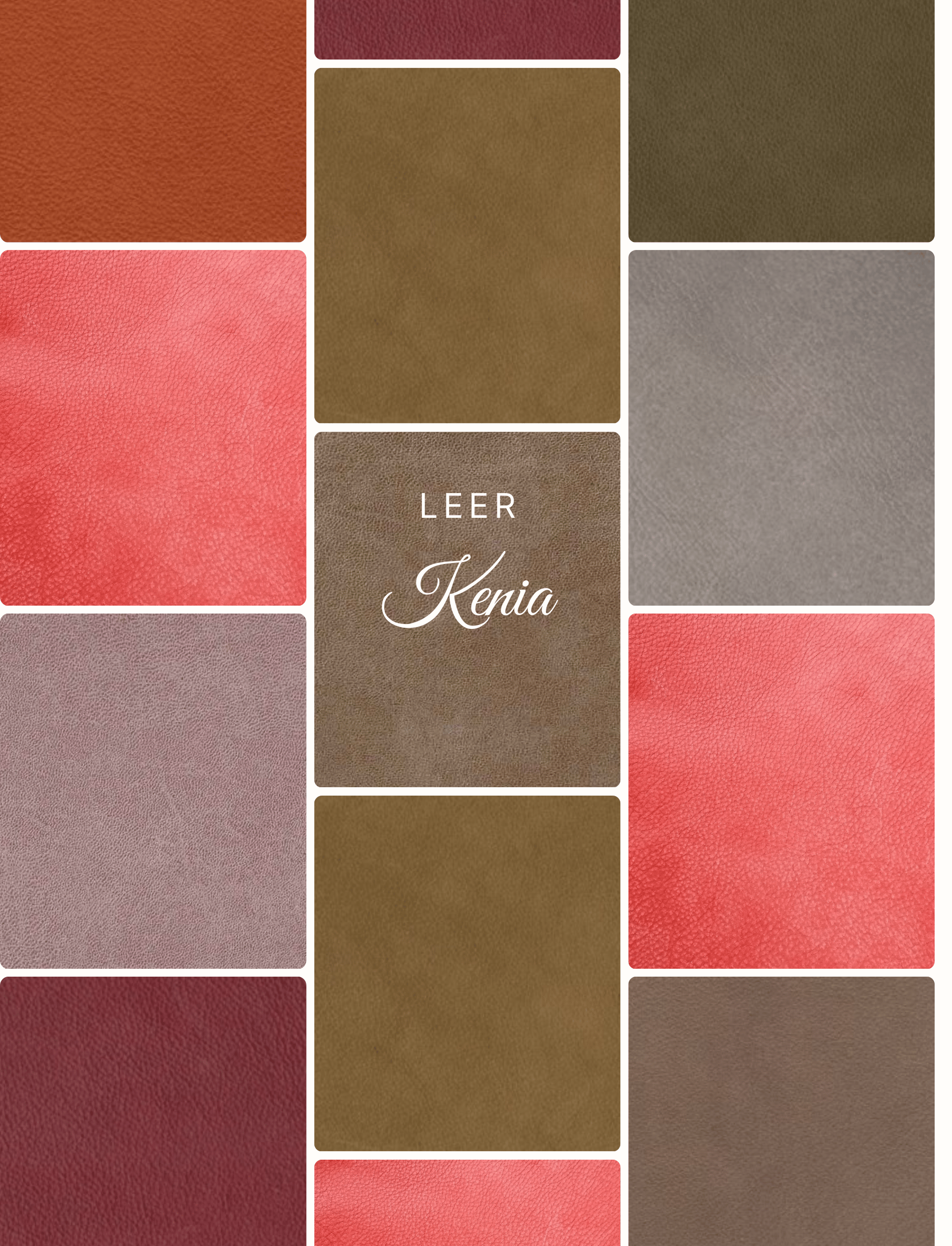 Fotocollage van Kenia leer in diverse tinten en texturen, met close-ups die de robuuste, natuurlijke uitstraling en kwaliteit van dit leermateriaal benadrukken.