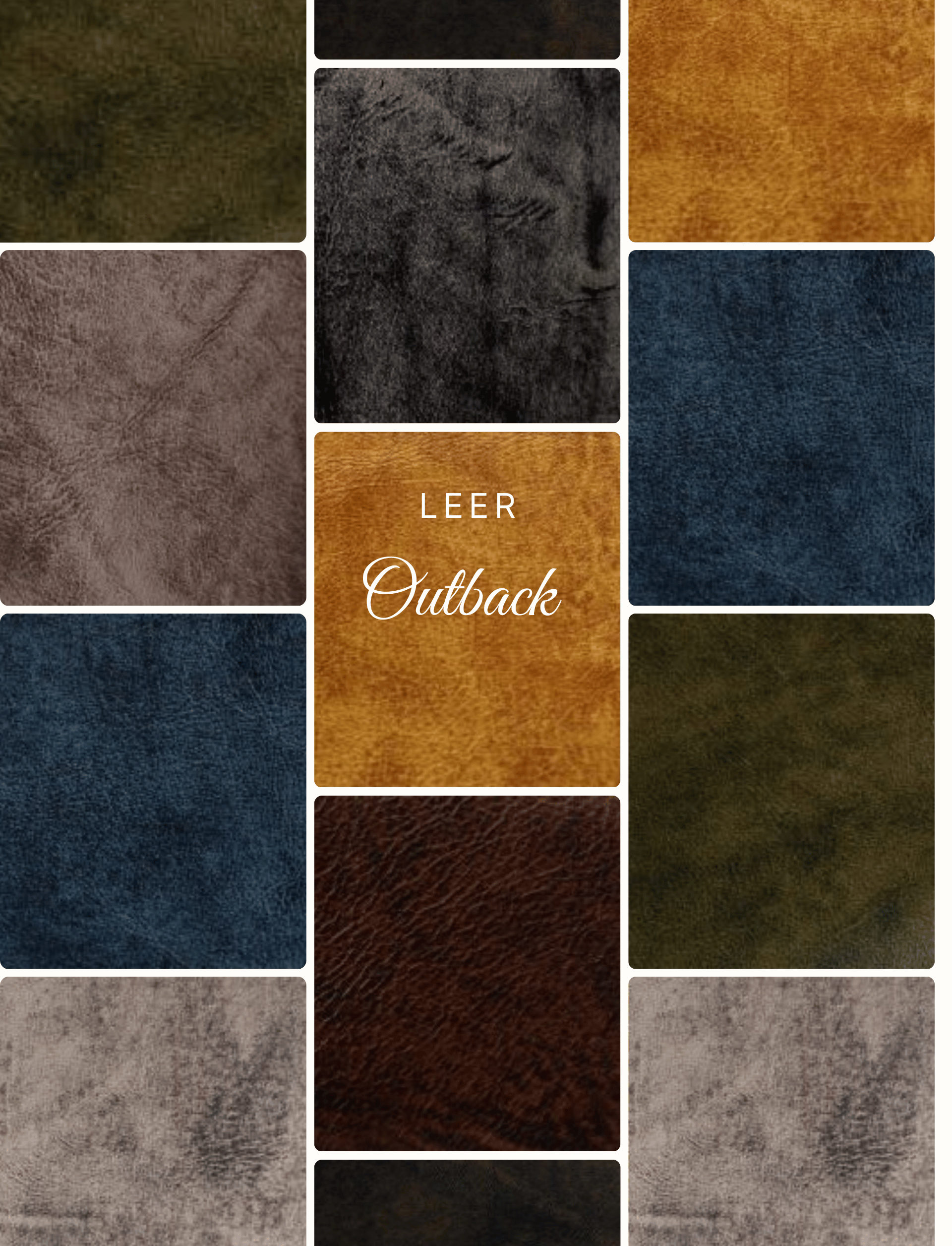 Fotocollage van Outback leer in diverse tinten en natuurlijke texturen, met close-ups die de warme, ruige uitstraling en hoogwaardige kwaliteit van het materiaal benadrukken.