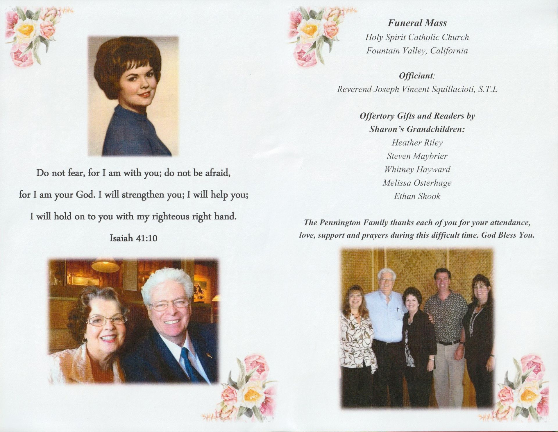 Funeral program: woman's photo, couple's photo, family photo, floral decorations, details about funeral.