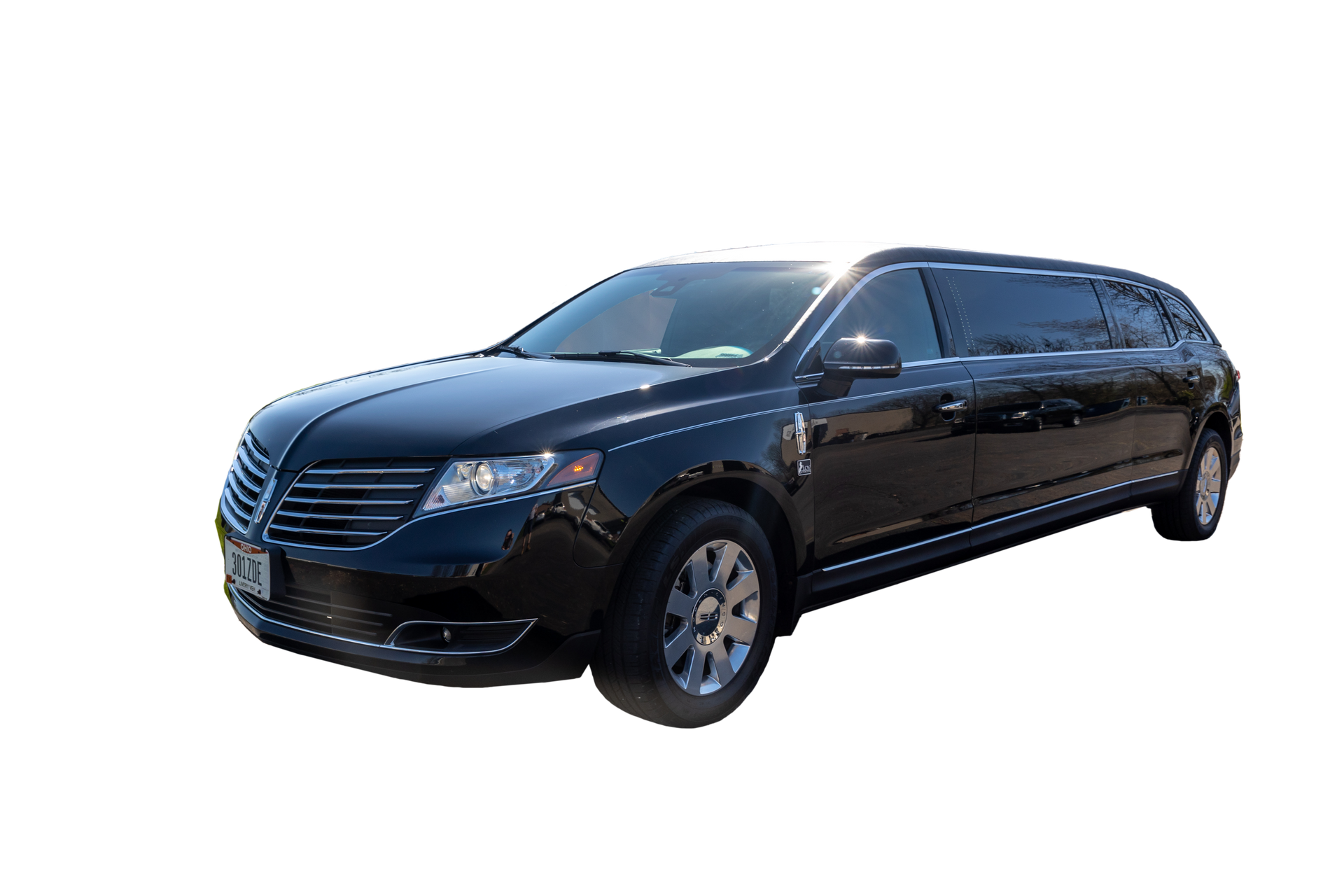 A black limousine is parked on a white background.