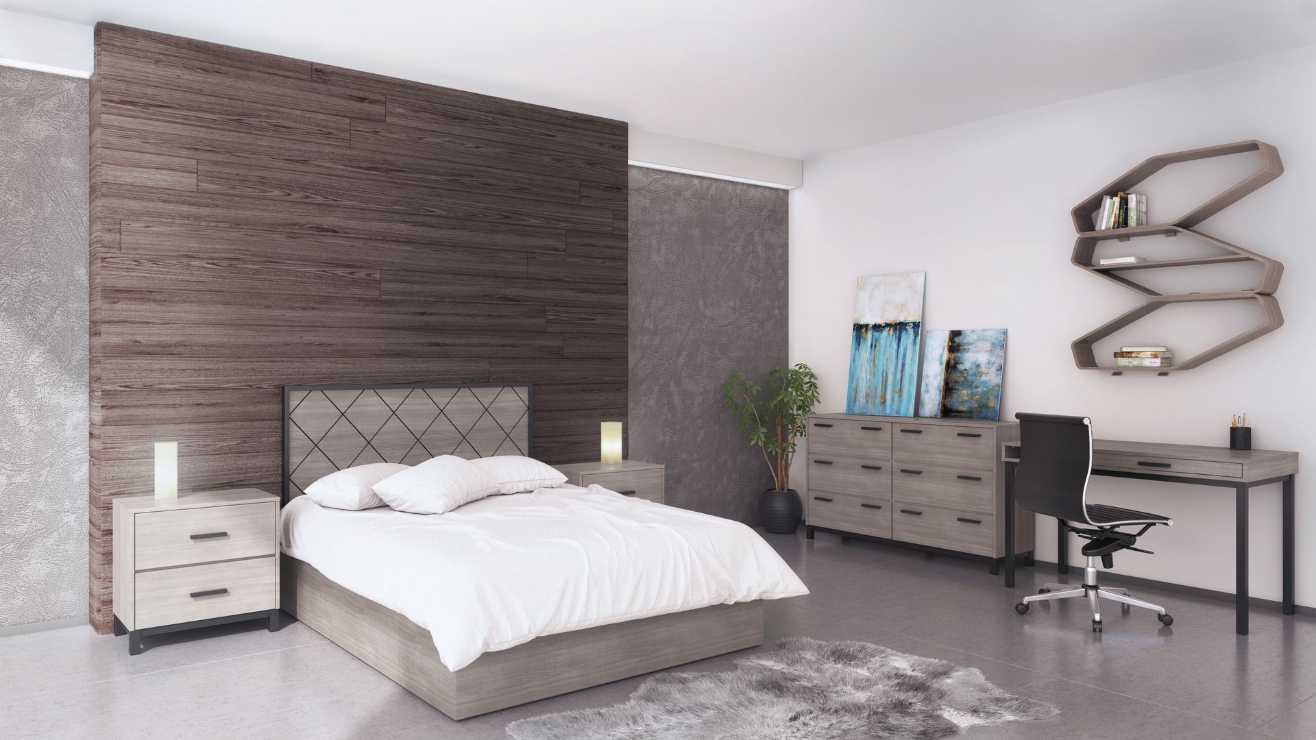 Multiple styles available for casegoods in the bedroom with many color and finish options in laminate and optional metal. 
 Heights bedroom shown here in  Fifth Avenue Elm laminate and black metal.
