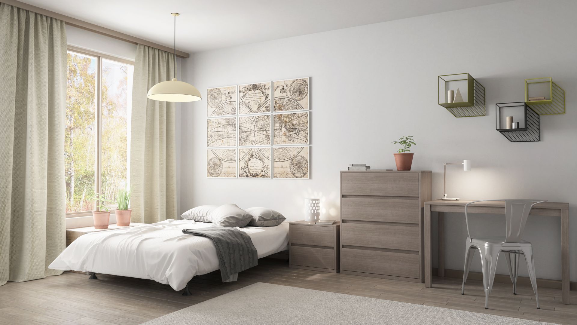 Multiple styles available for casegoods in the bedroom with many color and finish options in laminate and optional metal. 
 Classic bedroom shown here in  Fifth Avenue Elm.