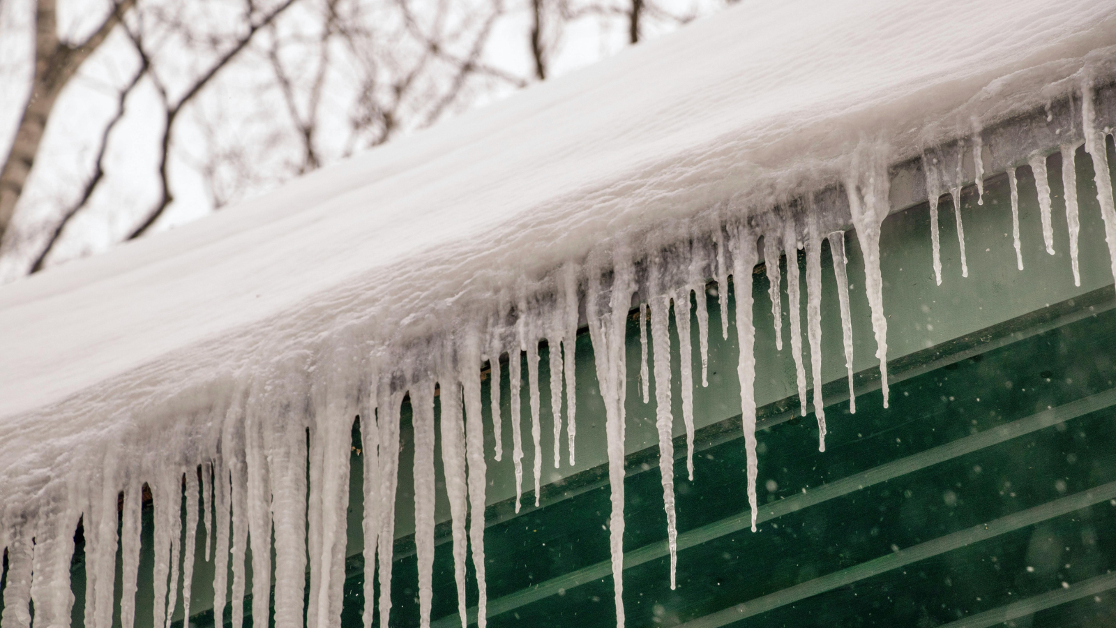 Icicles hanging from a snow-covered roof's edge, green siding visible.