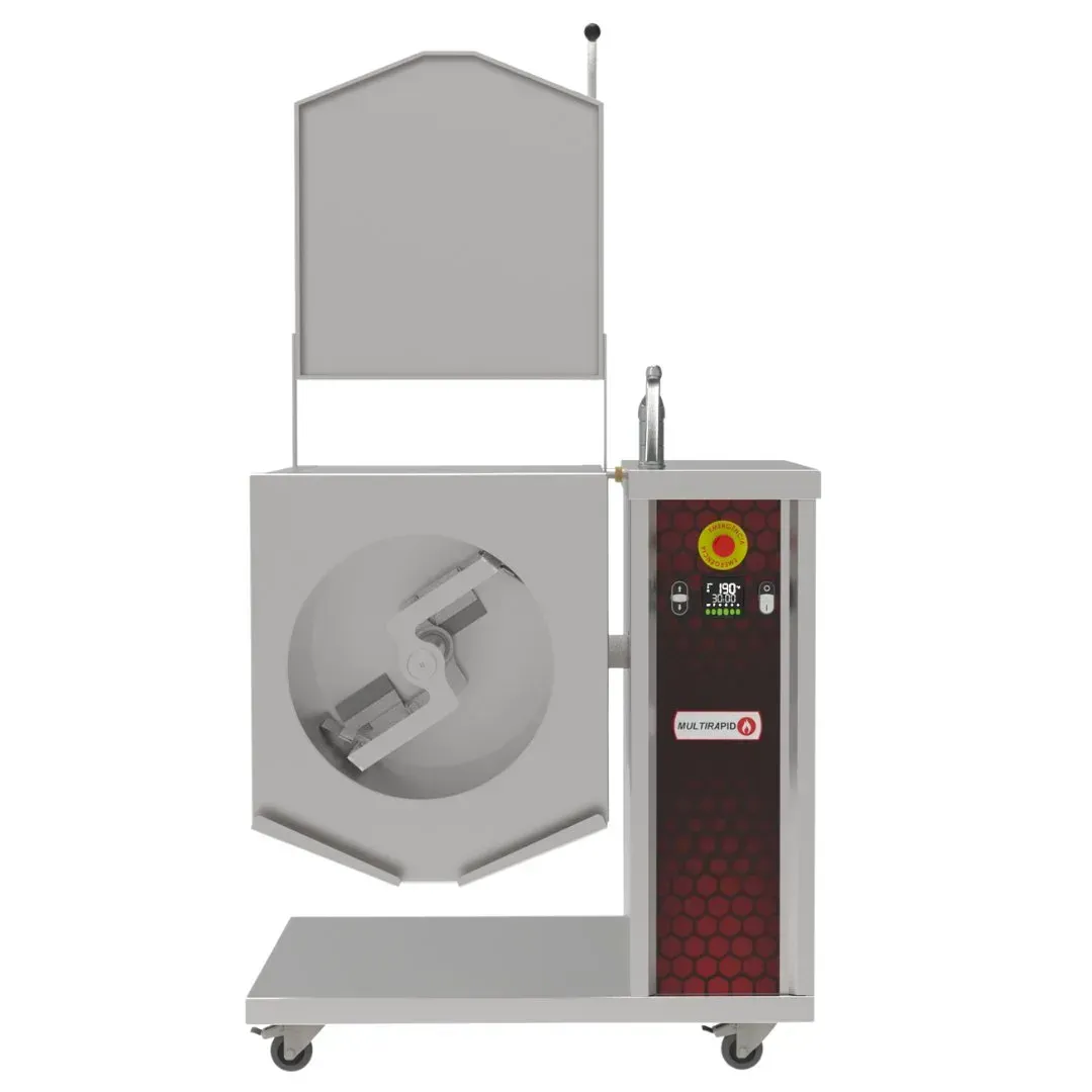 Caldeirão basculante em inox 60 litros com tampa aberta basculado vista frontal