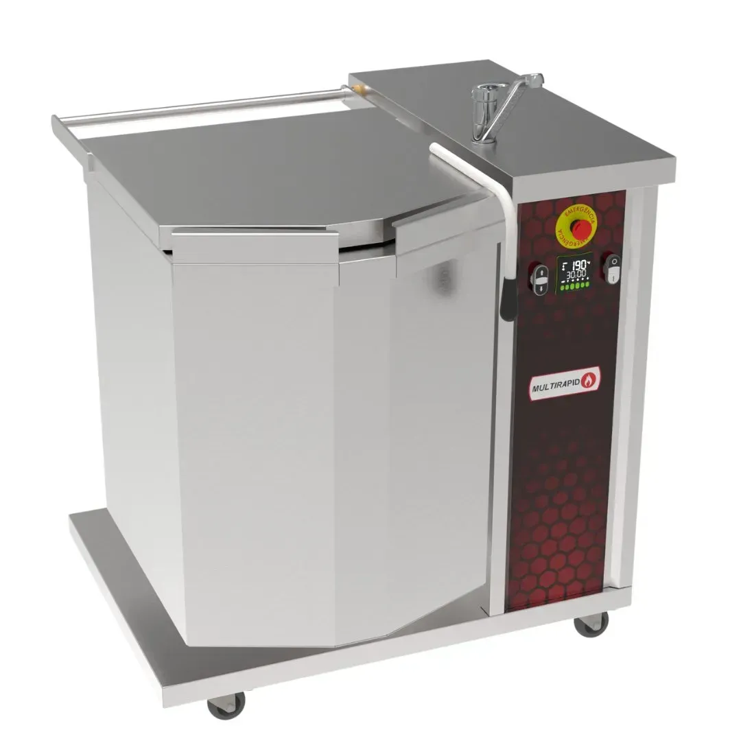 Caldeirão basculante em inox 60 litros com tampa fechada vista de perfil direito.