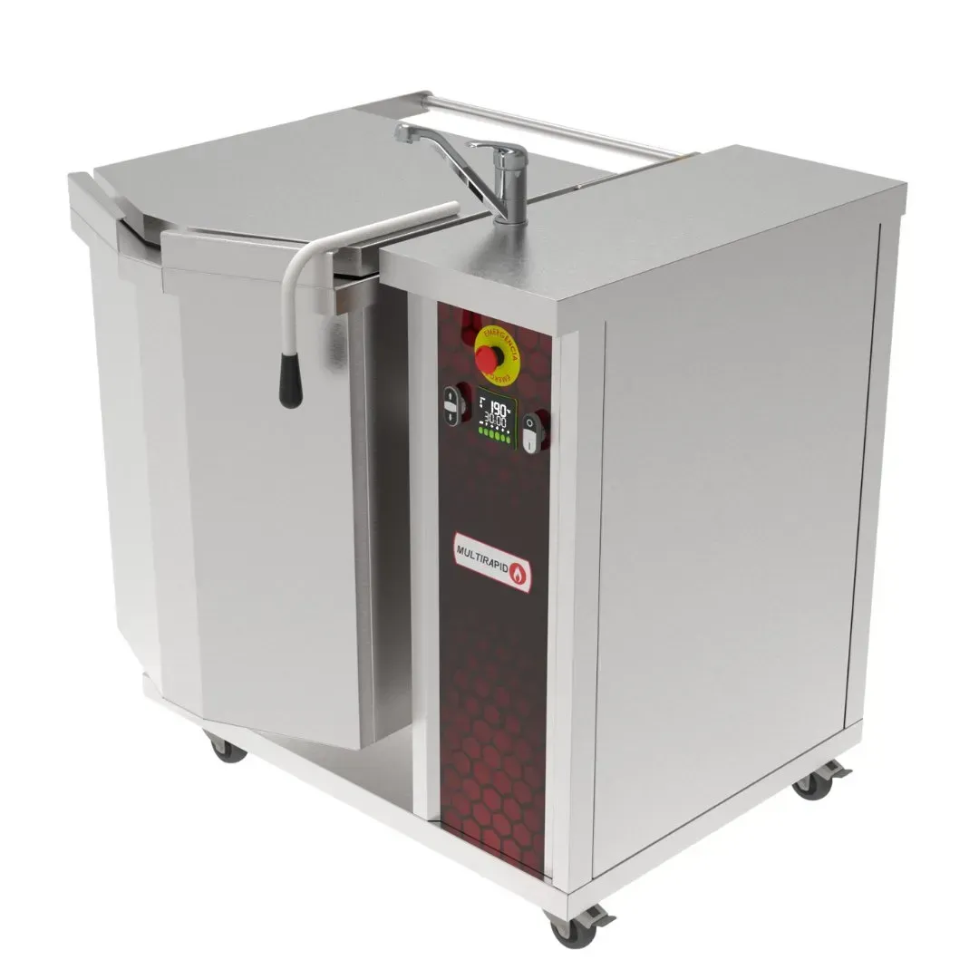 Caldeirão basculante em inox 60 litros com tampa fechada vista de perfil esquerdo.