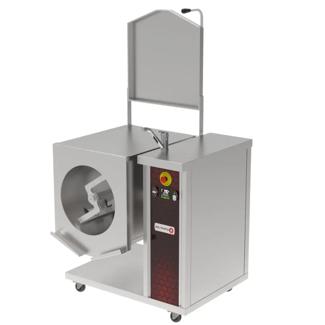 Caldeirão basculante em inox 60 litros com tampa aberta basculado vista de perfil esquerdo.