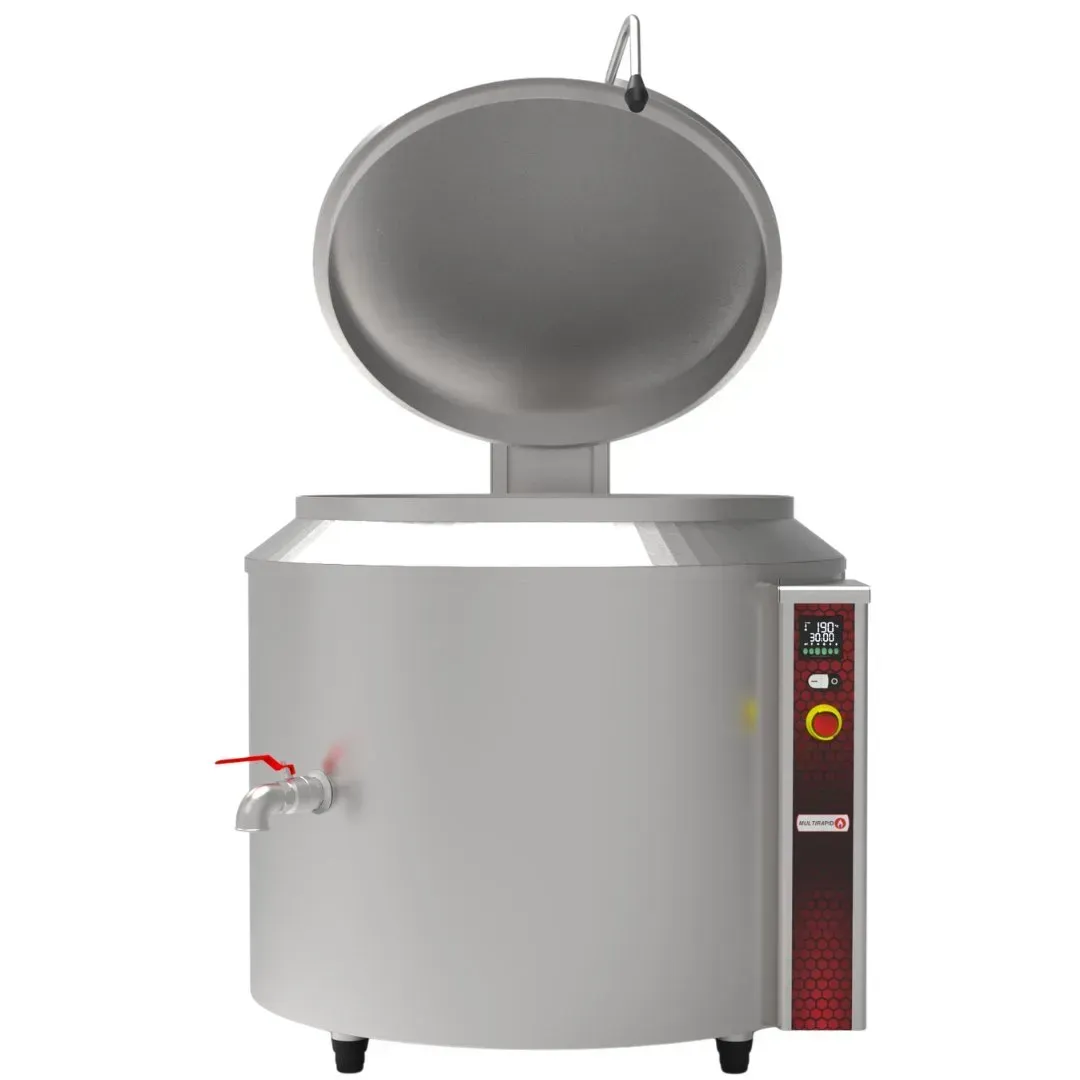 Caldeirão fluído térmico de frente com a tampa aberta em aço inox