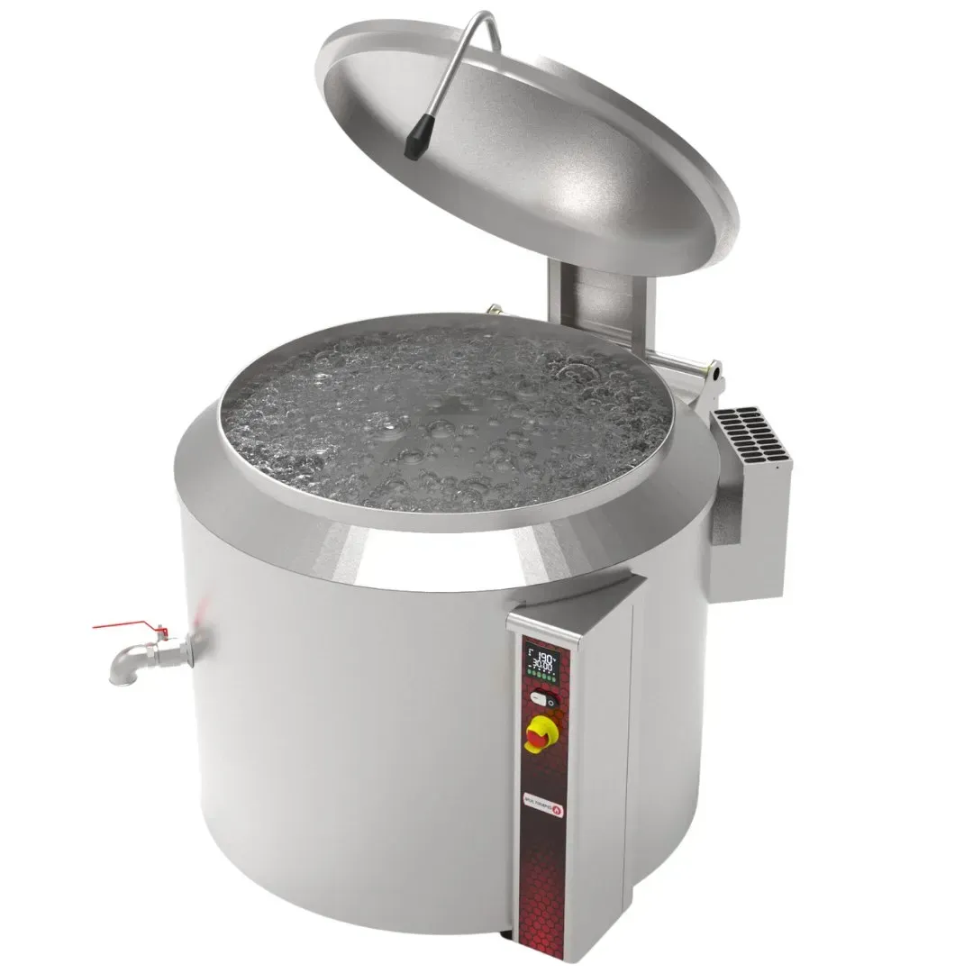 Caldeirão fluído térmico em inox com Vista de perfil com tampa aberta e agua ebuluindo.