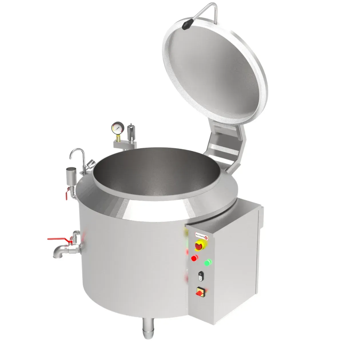 Caldeirão industrial autogerador de vapor elétrico vista de perfil com a tampa aberta.