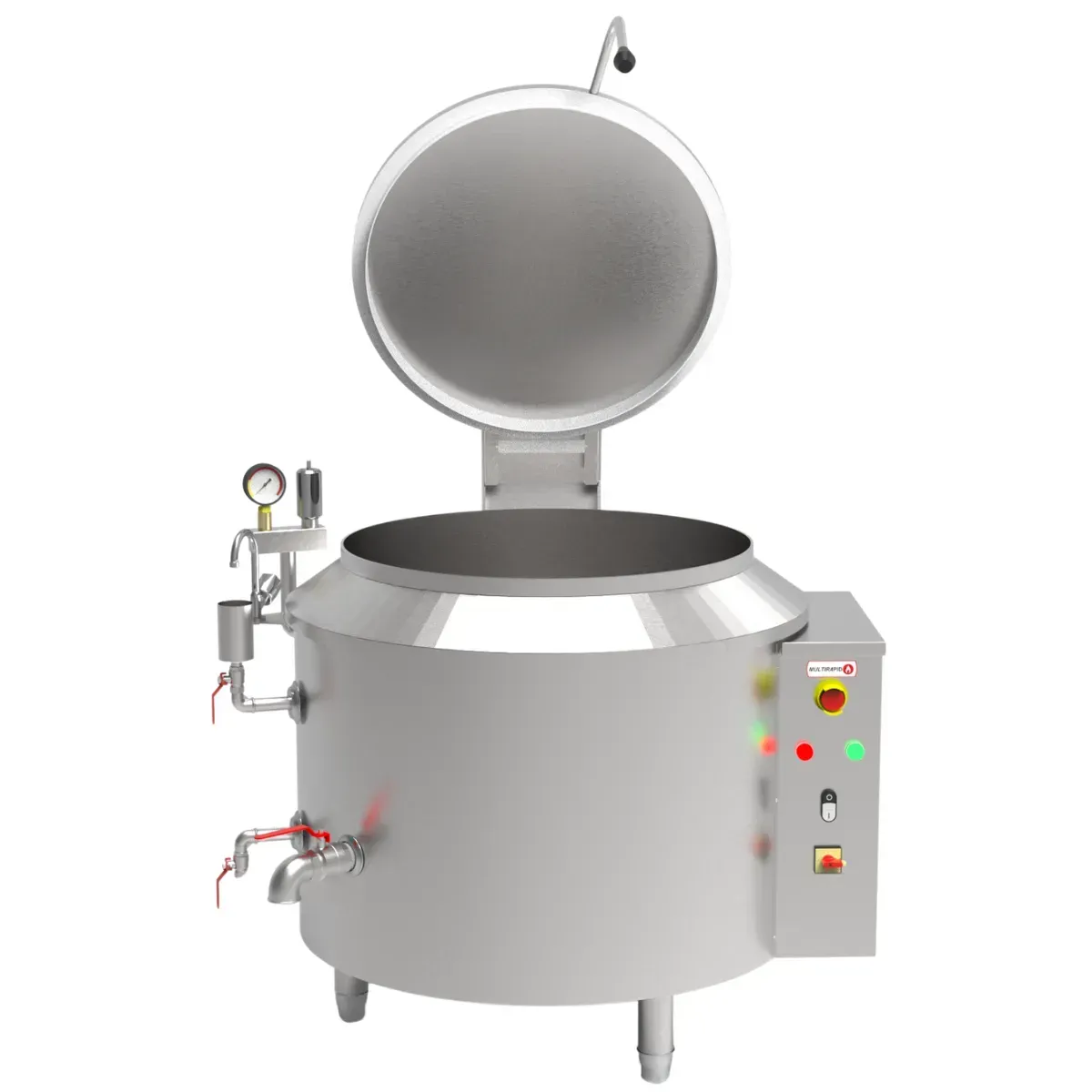 Caldeirão industrial autogerador de vapor elétrico vista de frente com a tampa aberta.