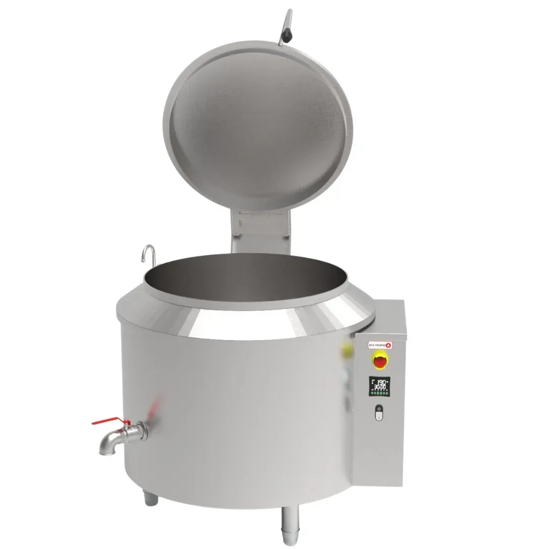 Caldeirão industrial autogerador de vapor termodinâmico vista de frente com a tampa aberta.