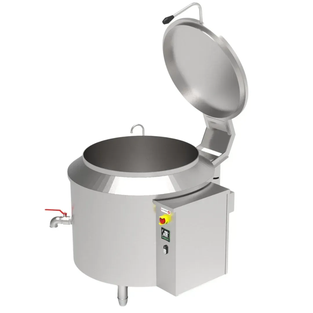 Caldeirão industrial autogerador de vapor termodinâmico vista de perfil com a tampa aberta.