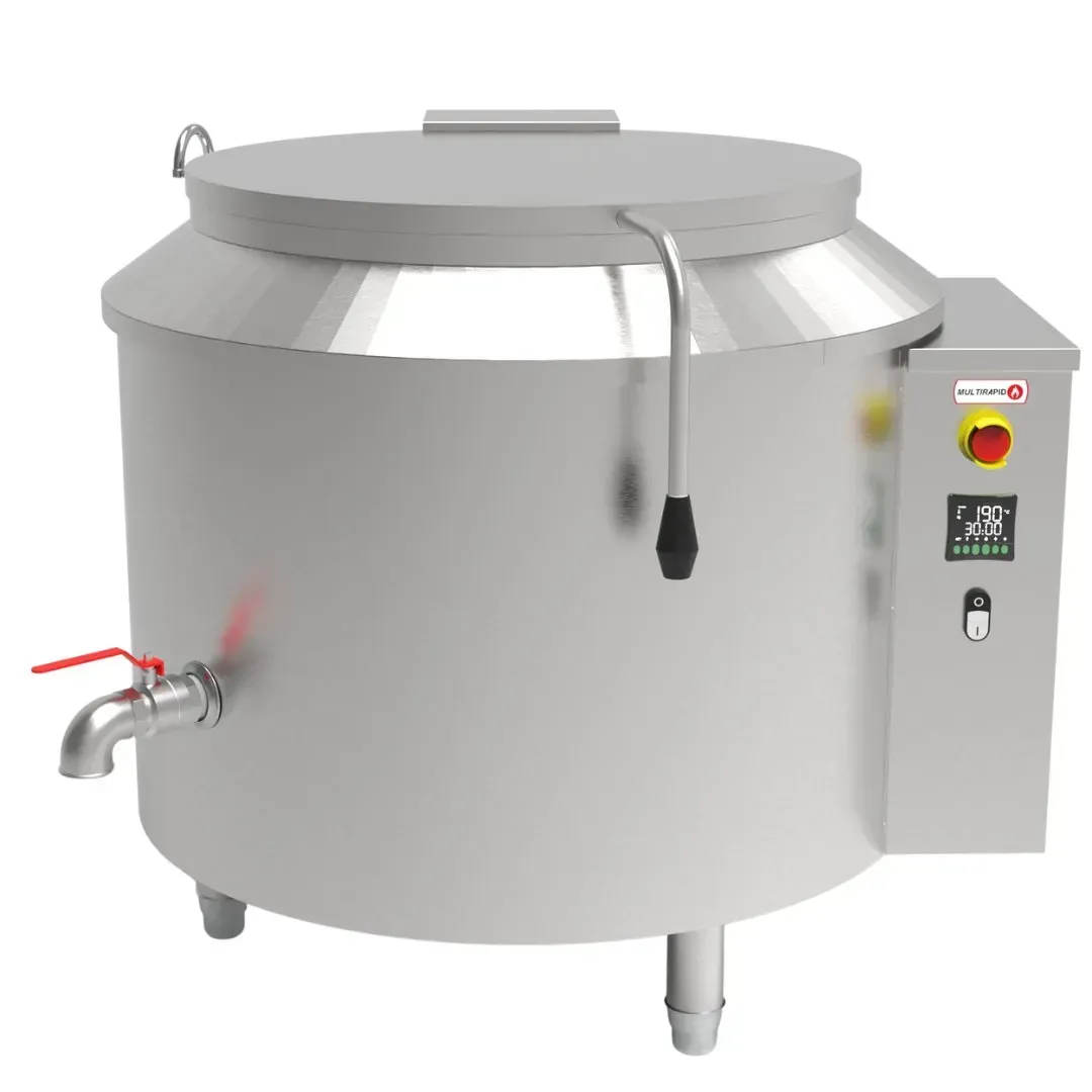 Caldeirão industrial autogerador de vapor termodinâmico vista frontal com a tampa fechada.