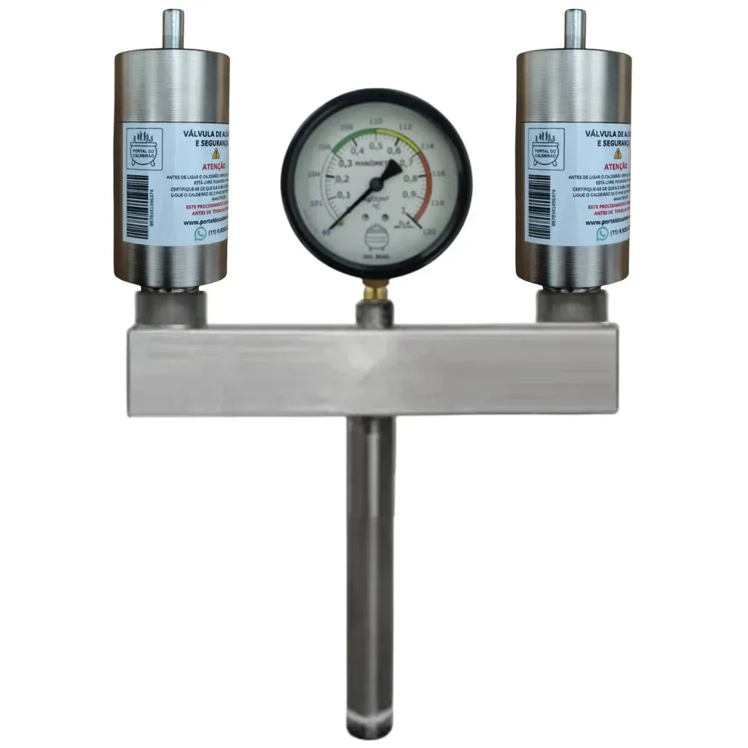 Conjunto de segurança para caldeirões industriais com duas válvulas  de segurança e um manometro com suporte em aço inox