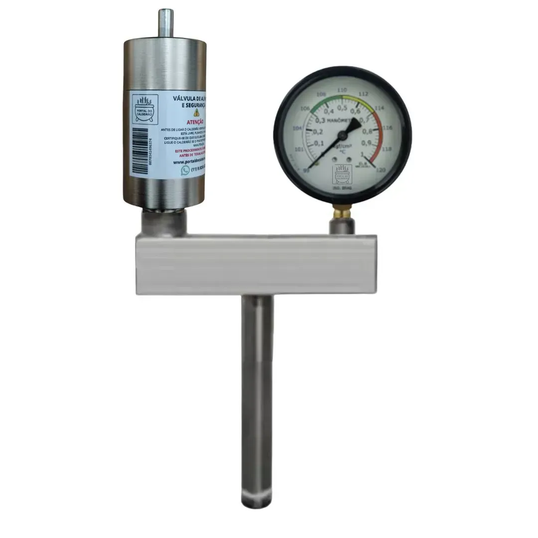 Conjunto de segurança para caldeirões industriais com uma válvula e um manometro com suporte em aço inox