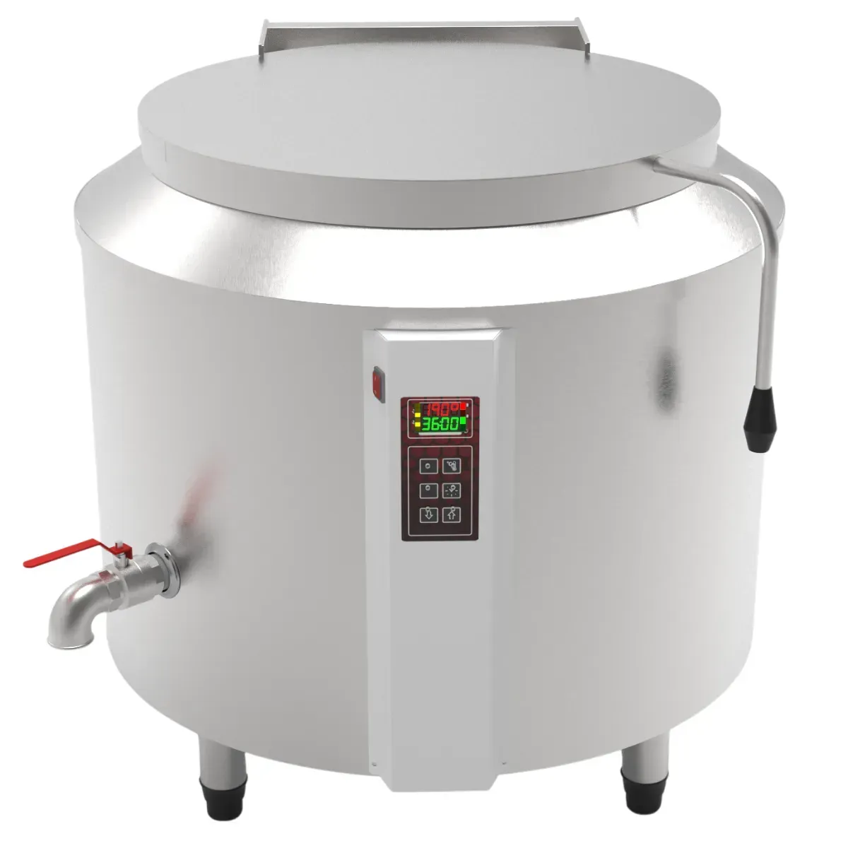 Panela de arroz industrial 500 litros em aço inox  com tampa fechada vista fronta