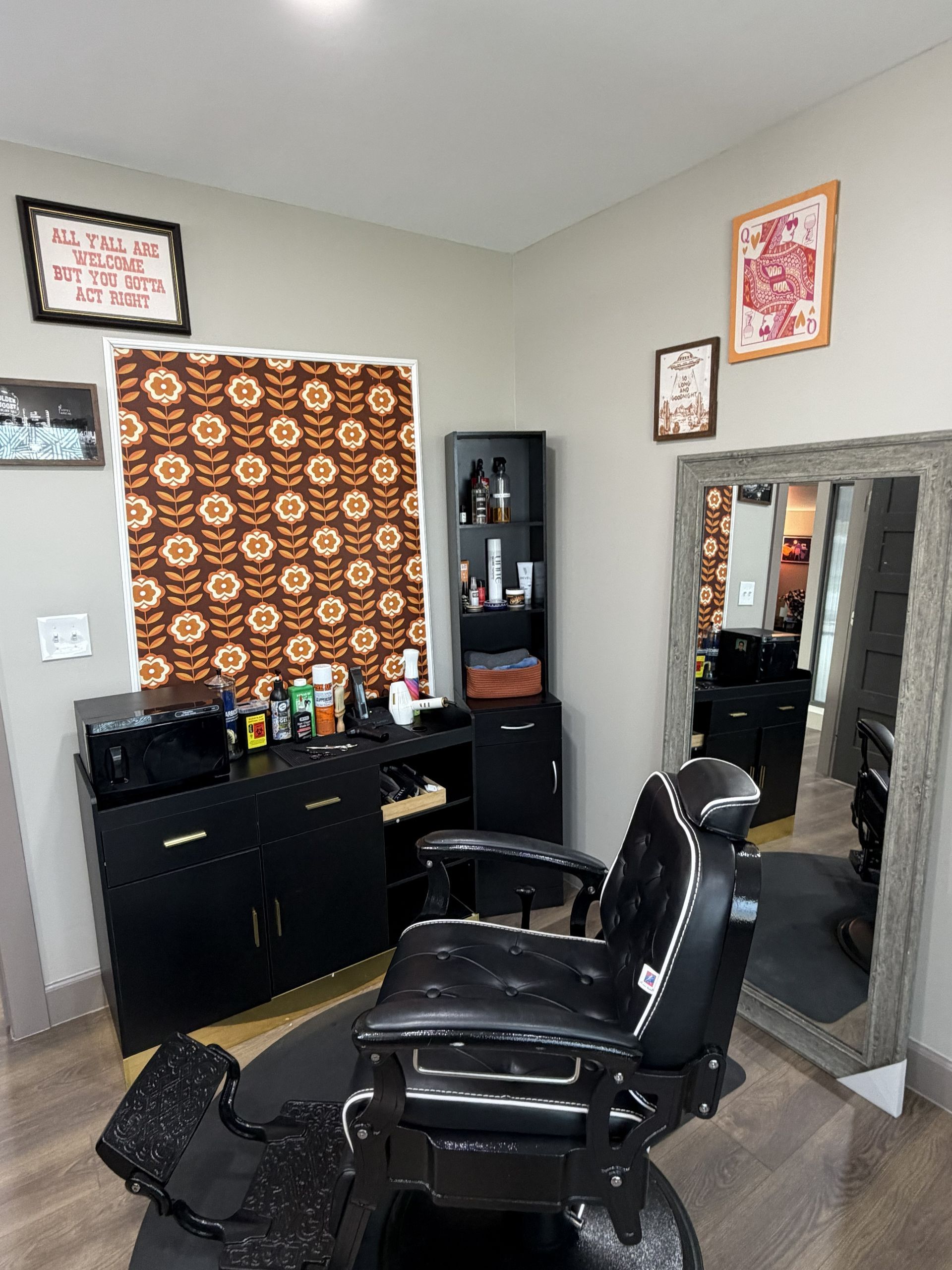 Barber chair and cutting area.