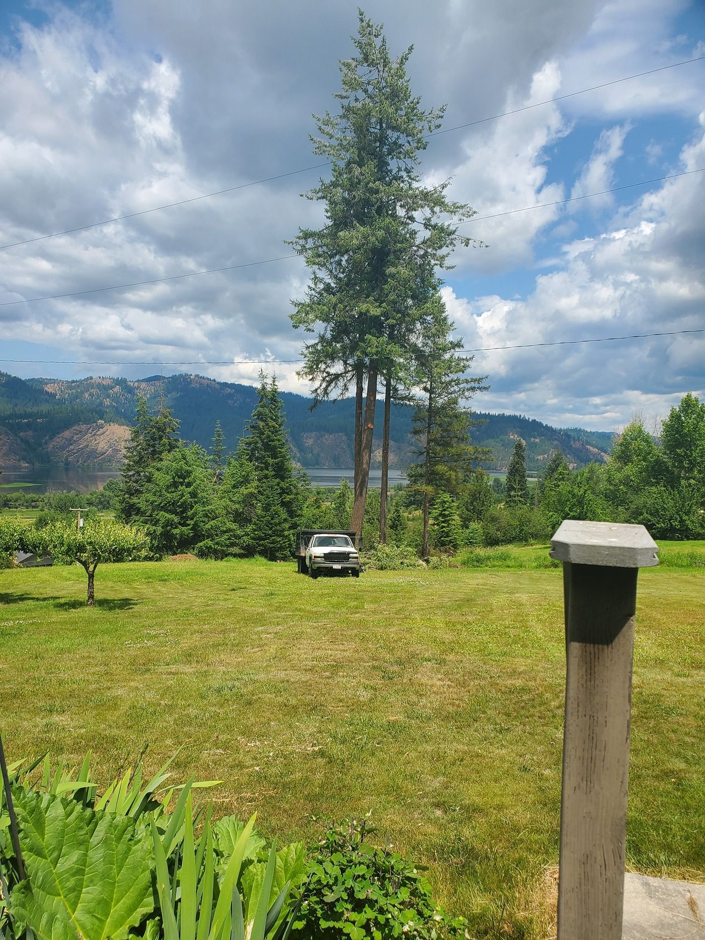 Lush green lawn with a white truck parked near tall trees. Mountains and cloudy sky in the background.