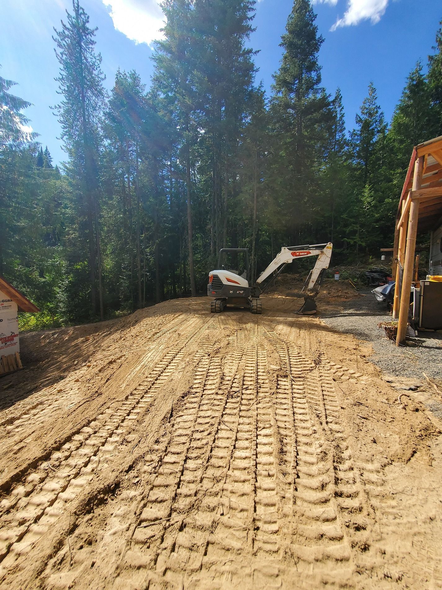 Excavator on a dirt path; forest background, sunny day. Construction site.