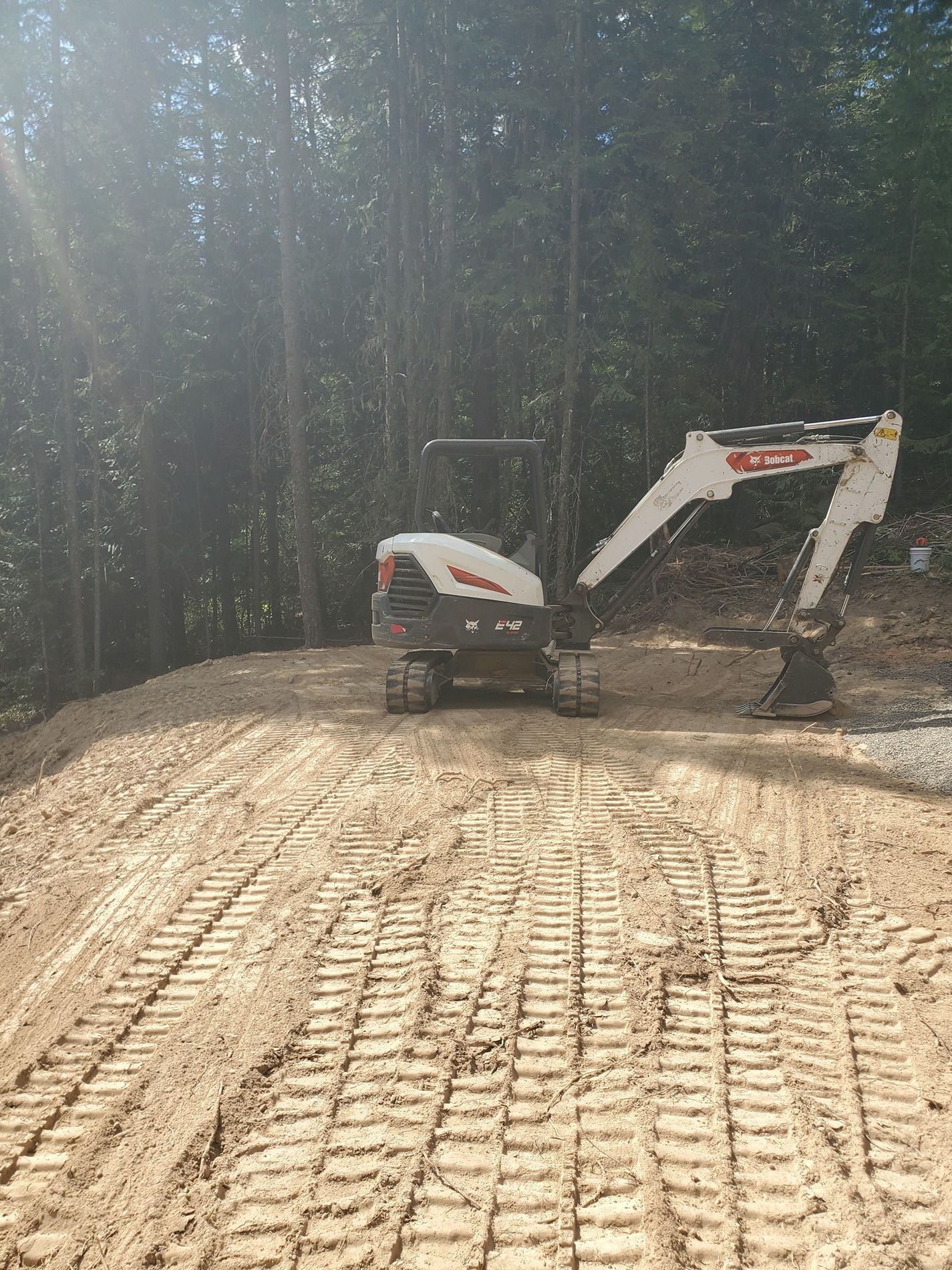 Excavator on a dirt surface near a wooded area, sunny day.