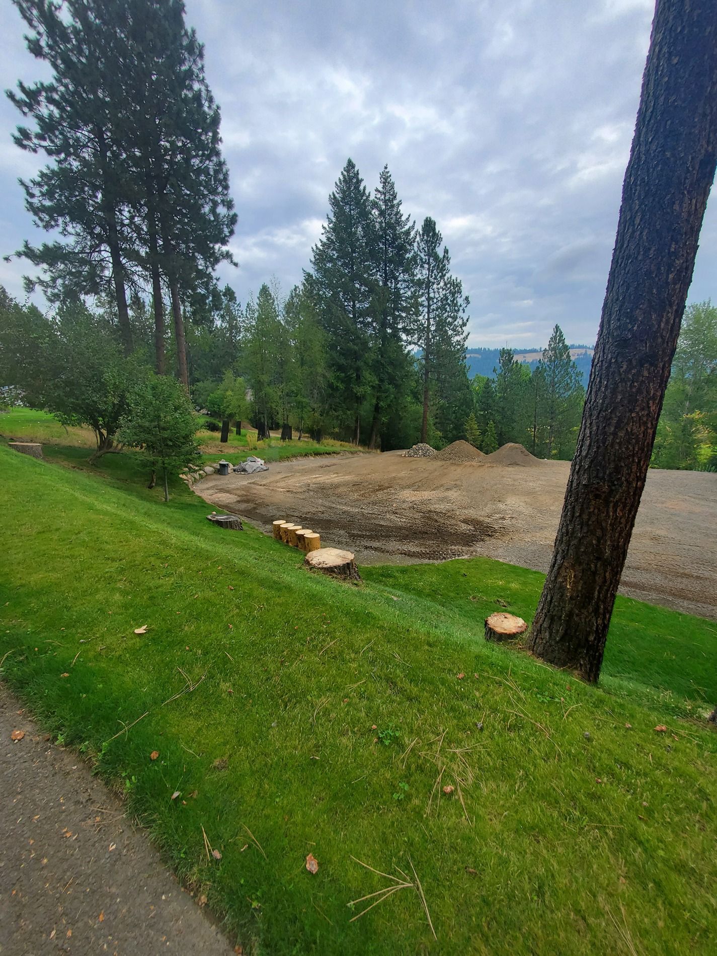 Green grassy hill with cleared dirt area; trees in the background under cloudy sky.