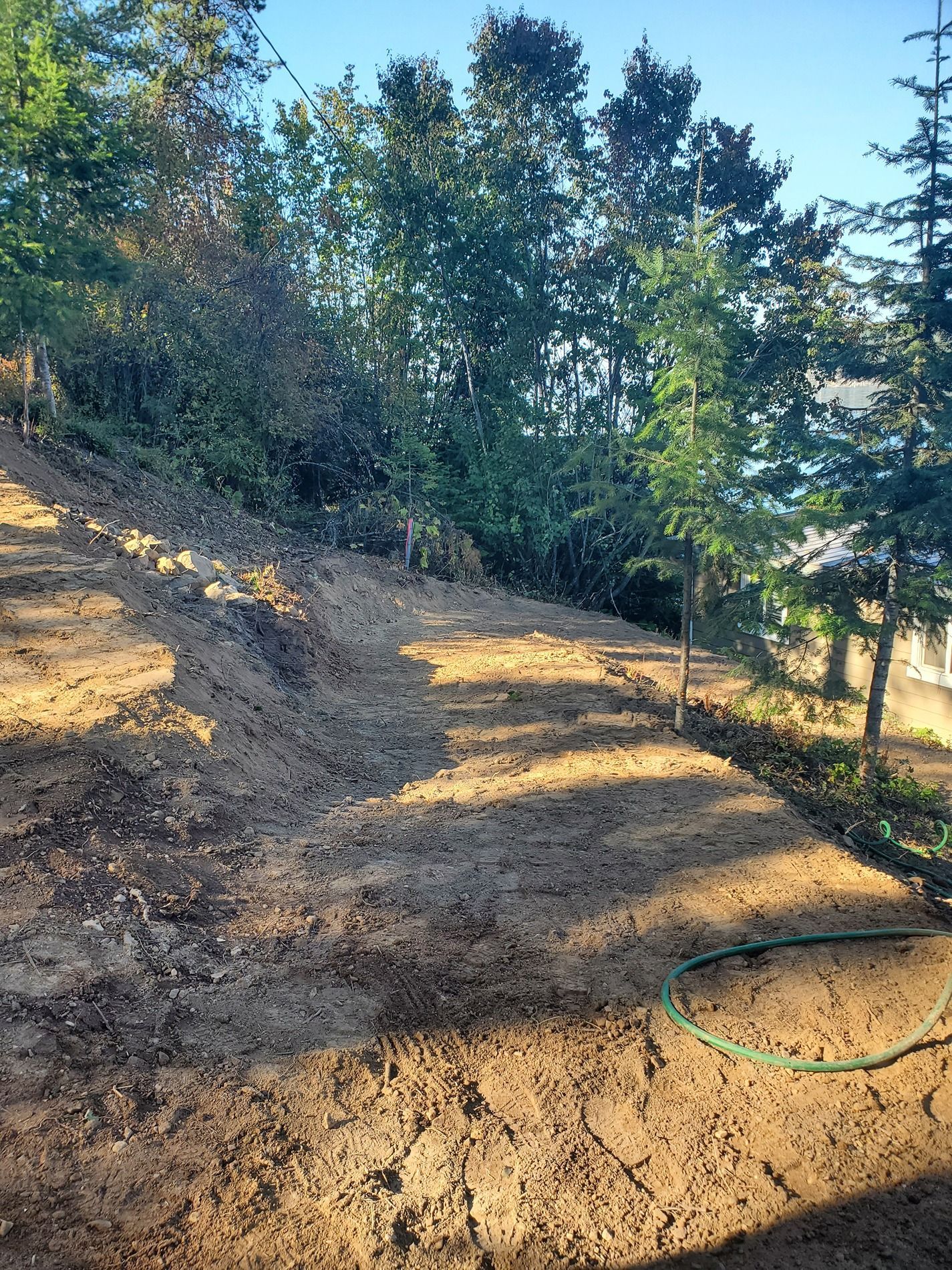 Dirt hillside with trees in background, a green hose in the lower right.