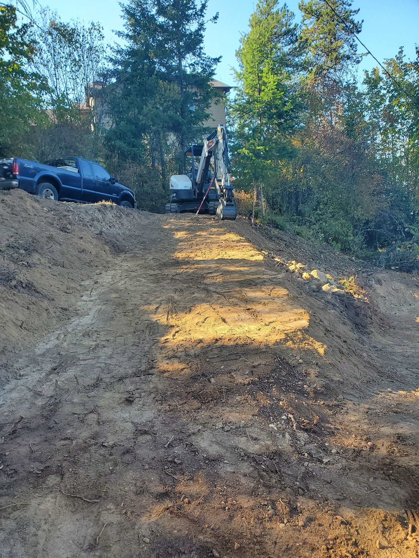 Excavator on a steep hillside, clearing land near a truck and trees. Sunny.