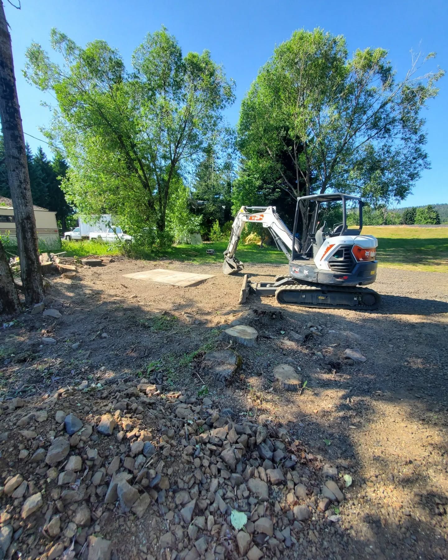Small excavator on a dirt area with rocks, trees in the background, blue sky.