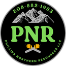 Circular logo: Black background with green "PNR," mountain range, crossed chain saws, and phone number.