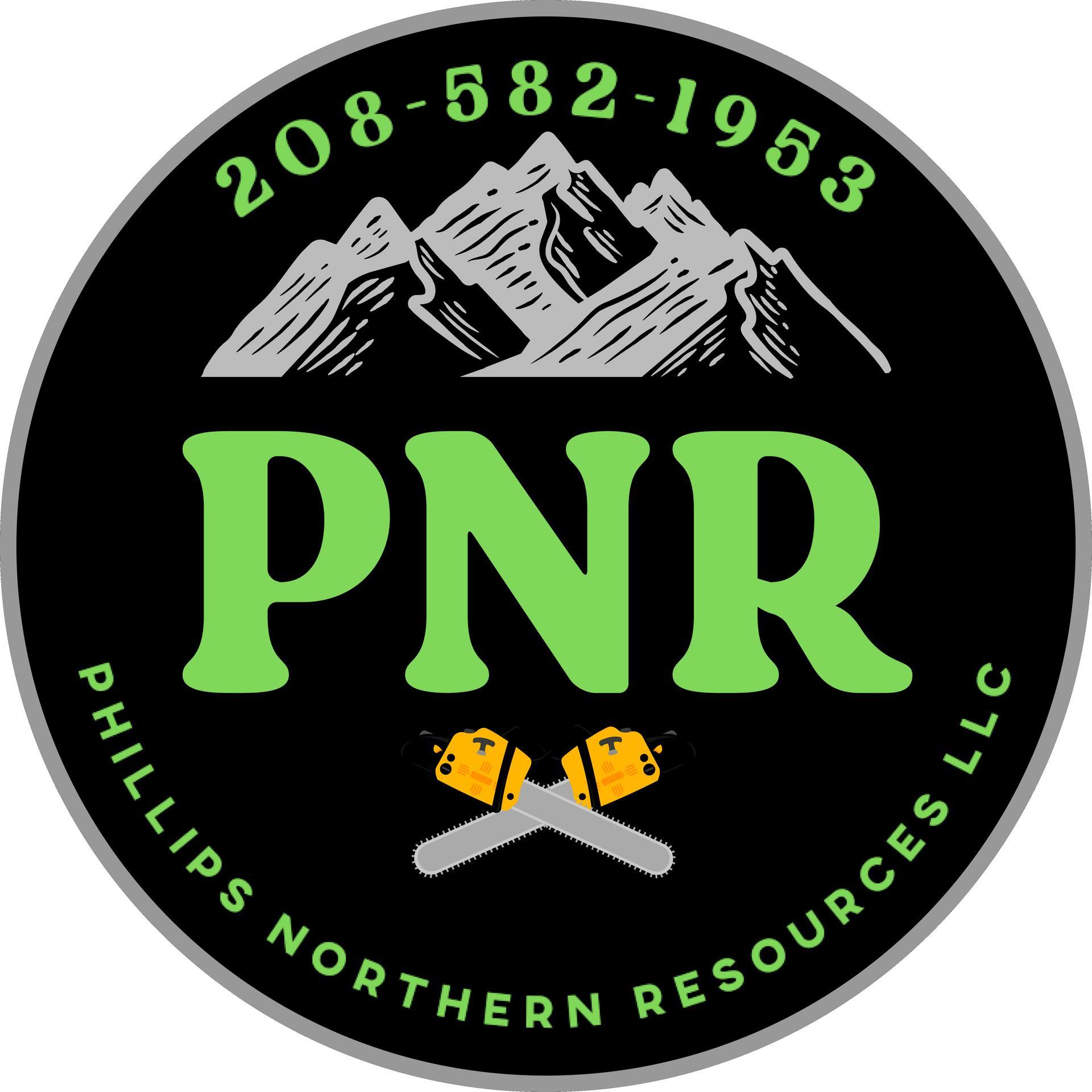 Circular logo: Black background with green "PNR," mountain range, crossed chain saws, and phone number.