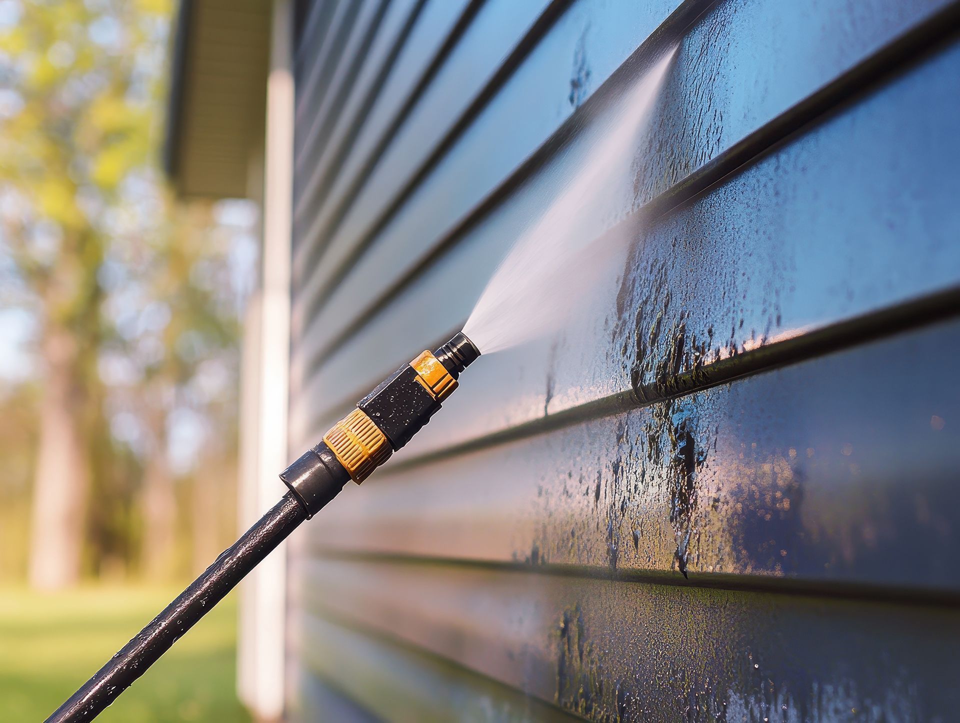 Pressure washing a dark-colored house siding, water spraying from a nozzle.