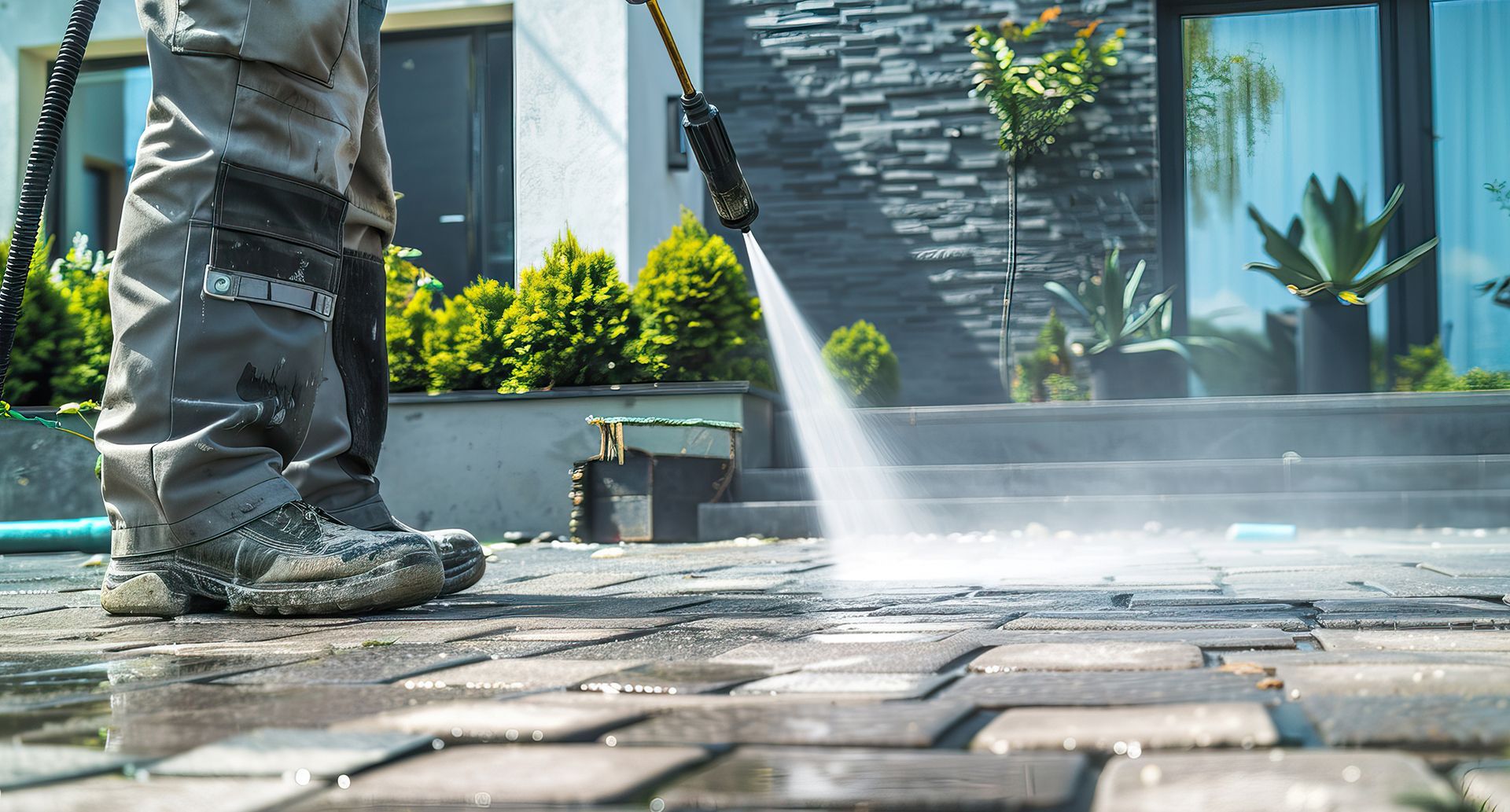 Person power washing a brick driveway near a modern home.