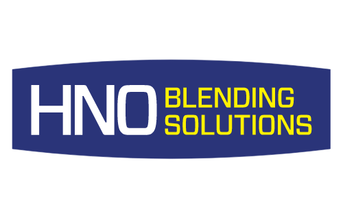 A blue and yellow logo for hno blending solutions