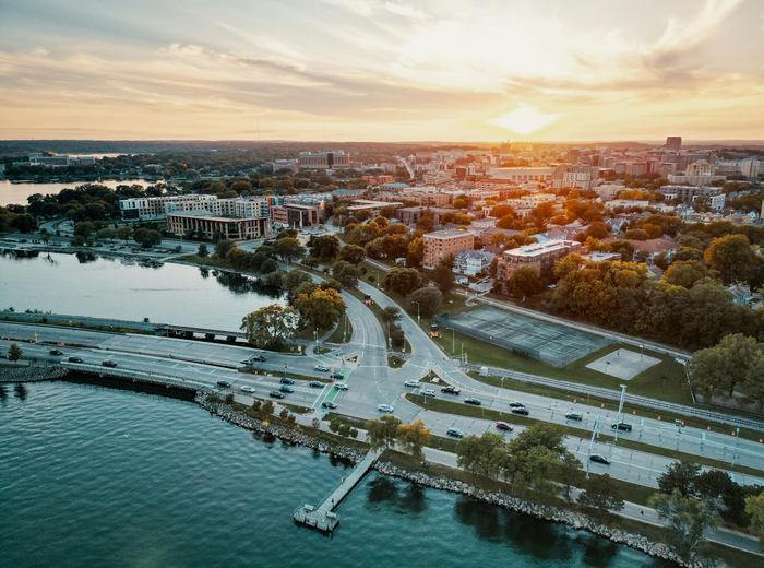 Aerial view of Madison, WI waterfront.