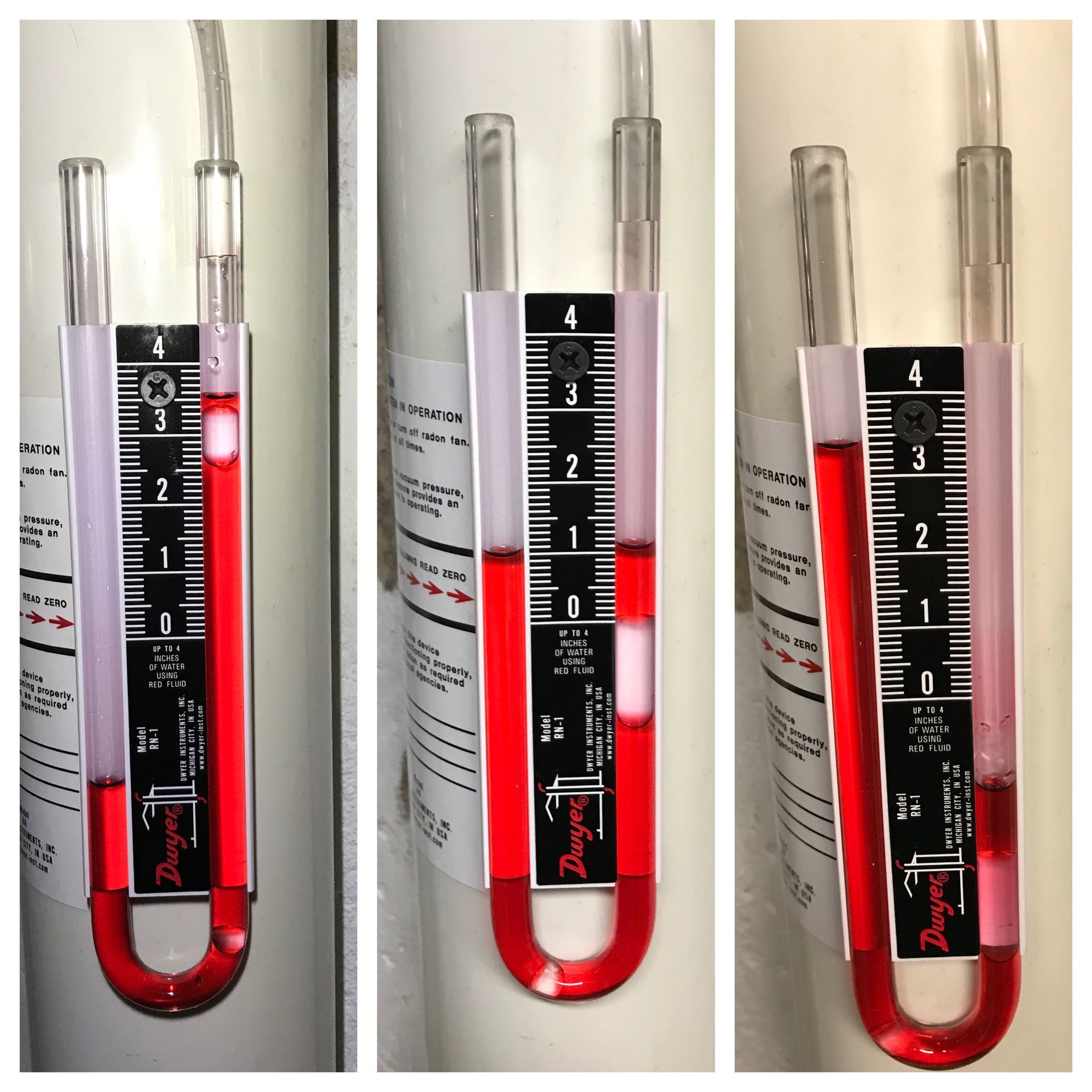 Blue Radon System Manometer attached to a radon mitigation pipe reading positive suction from fan.