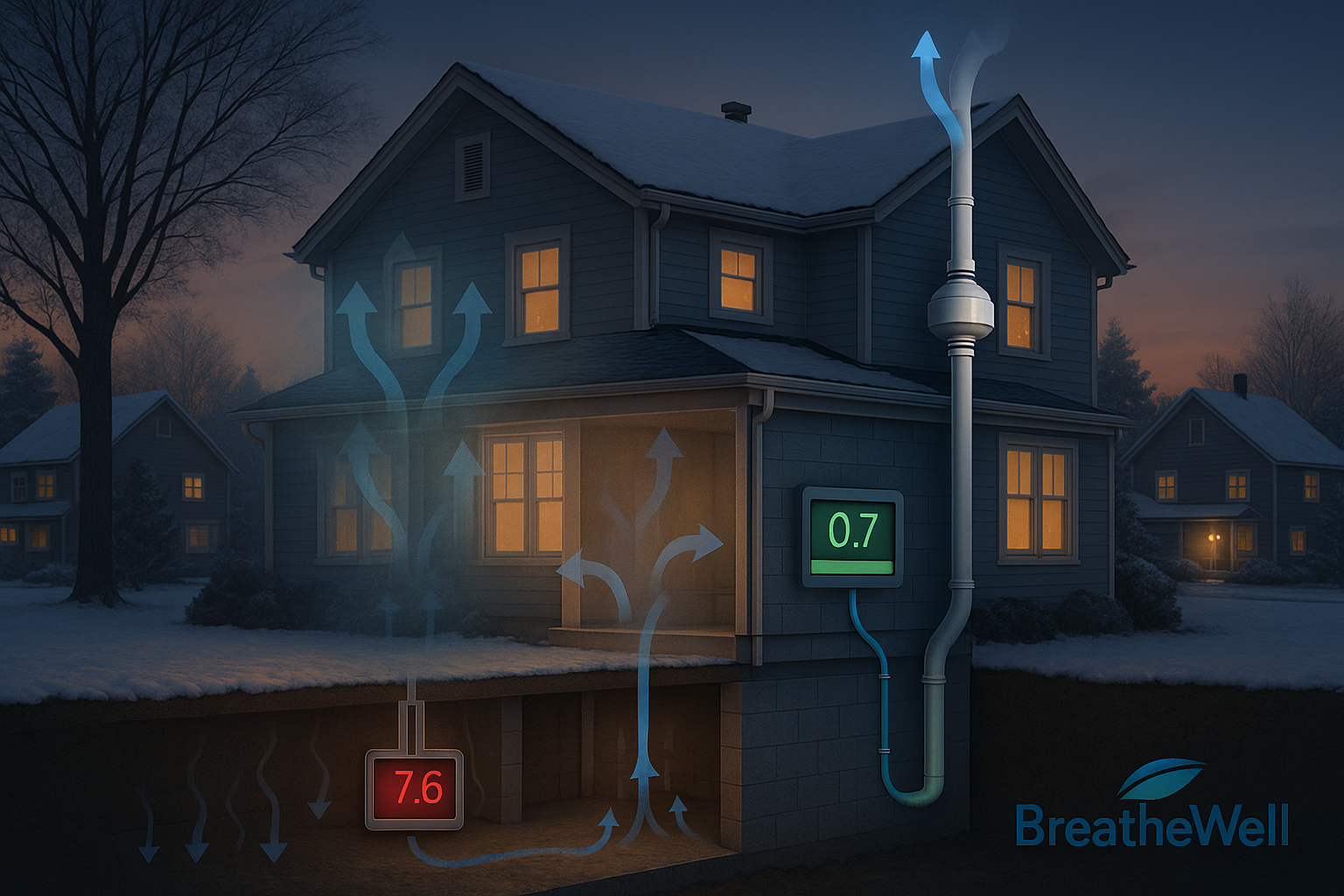 House with radon mitigation system: air flow lines & digital displays showing radon levels.