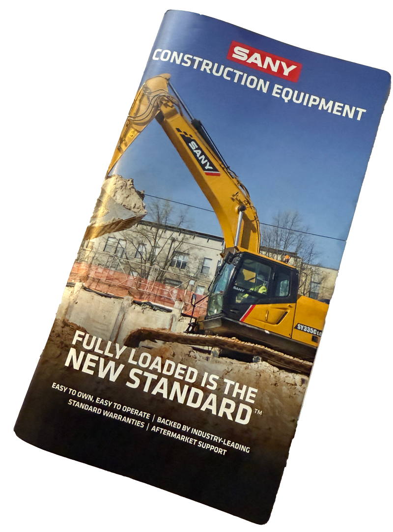 Brochure for SANY construction equipment; yellow excavator at a construction site