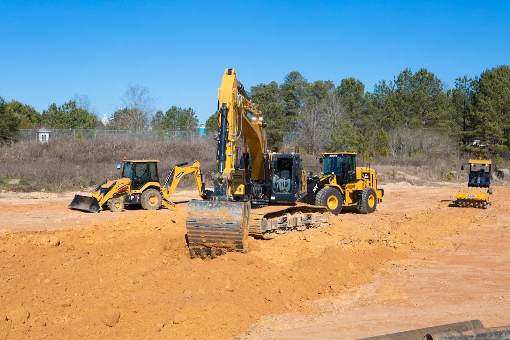 Construction equipment, including an excavator and tractors, working on an open, sandy site under a clear blue sky.