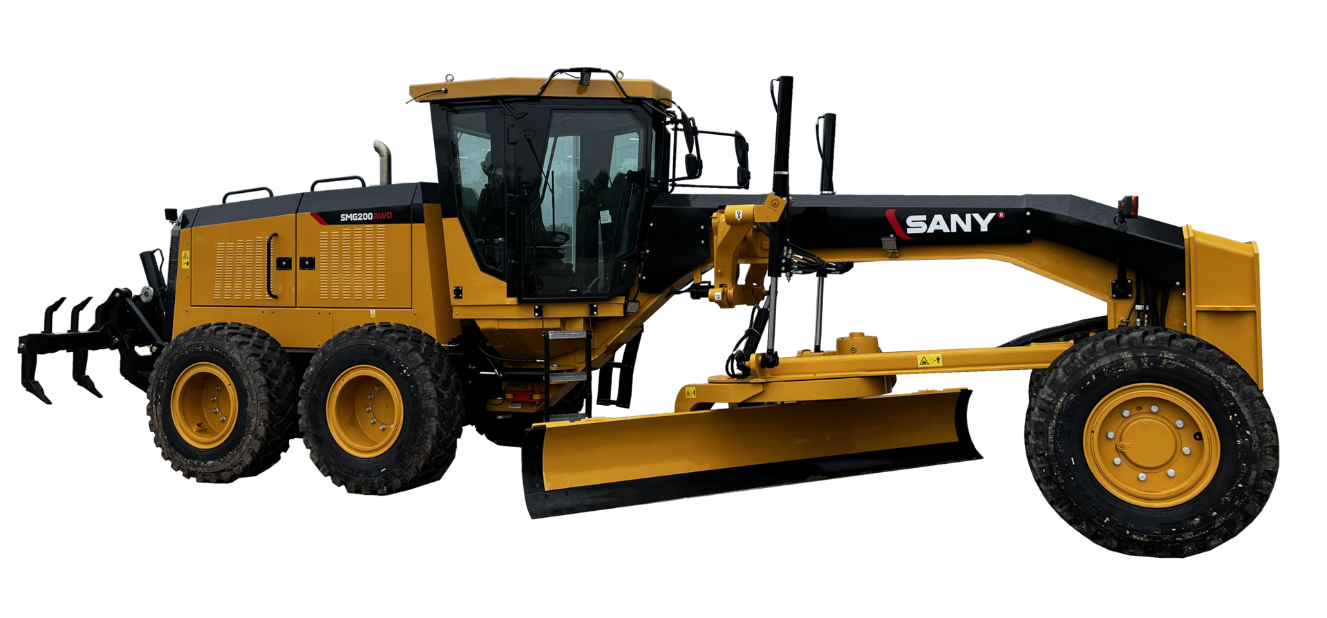 Yellow SANY motor grader machine on a white background.
