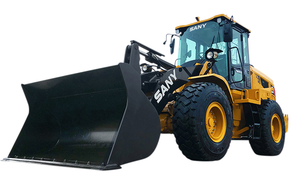 Yellow SANY wheel loader with a black bucket, sitting outdoors.