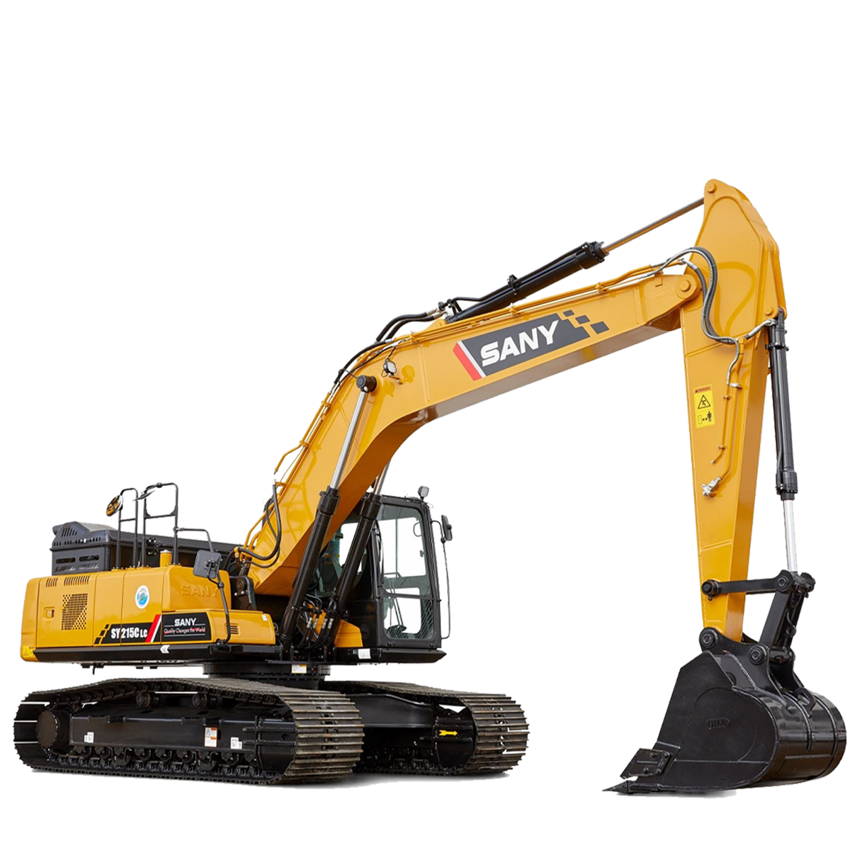 Yellow SANY excavator with a raised arm and bucket; set against a white background.