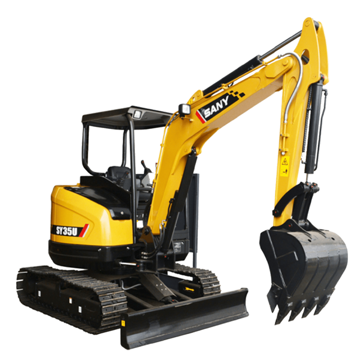 Yellow SANY SY35B mini excavator with black tracks and bucket, in outdoor setting.