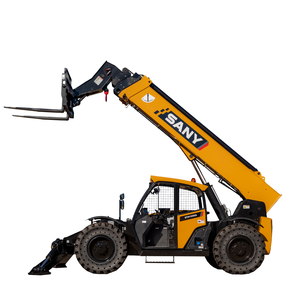 Yellow SANY telescopic handler extending its arm, holding forks, against a white background.