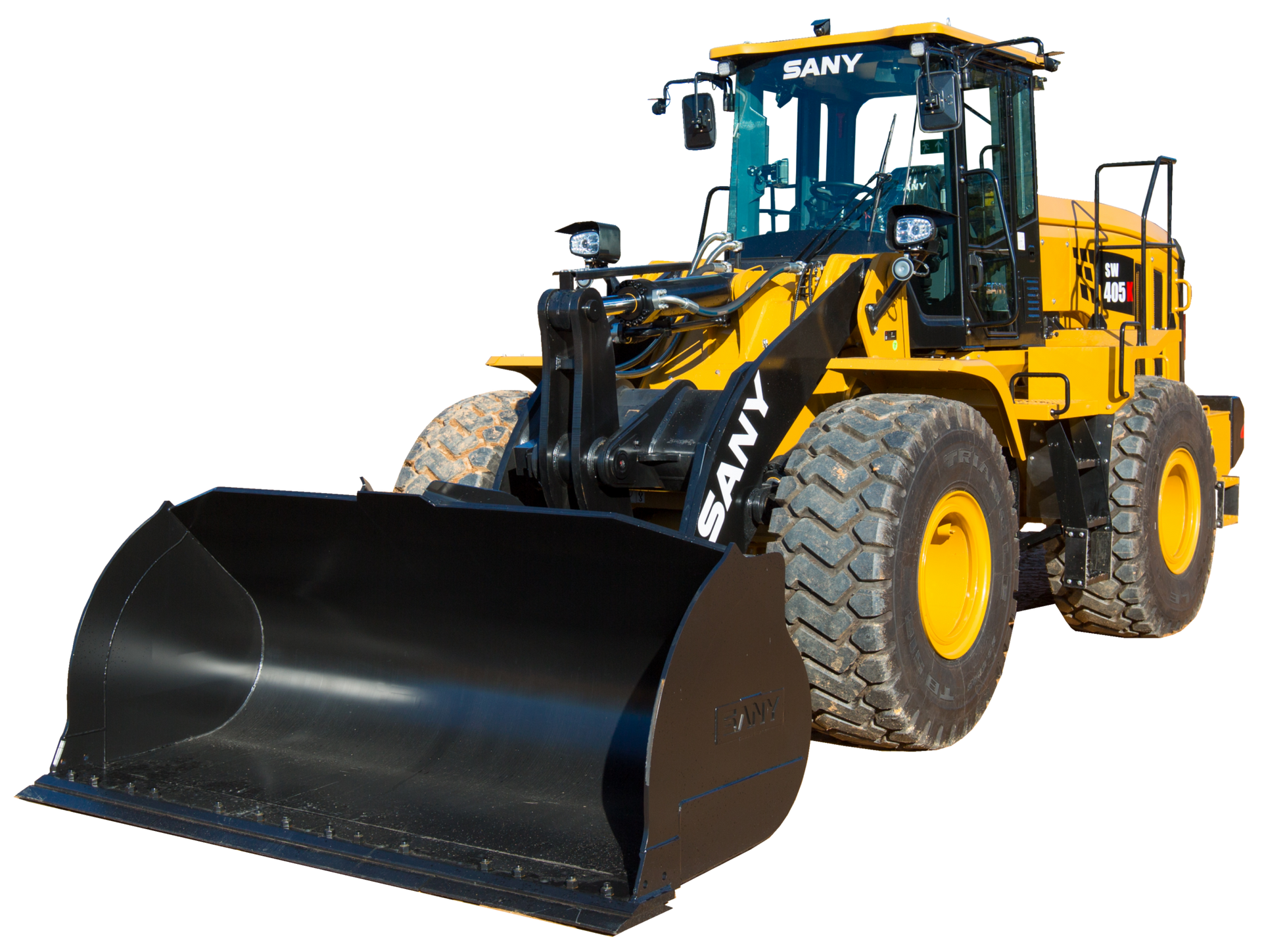 Yellow Sany wheel loader with black bucket on a construction site.