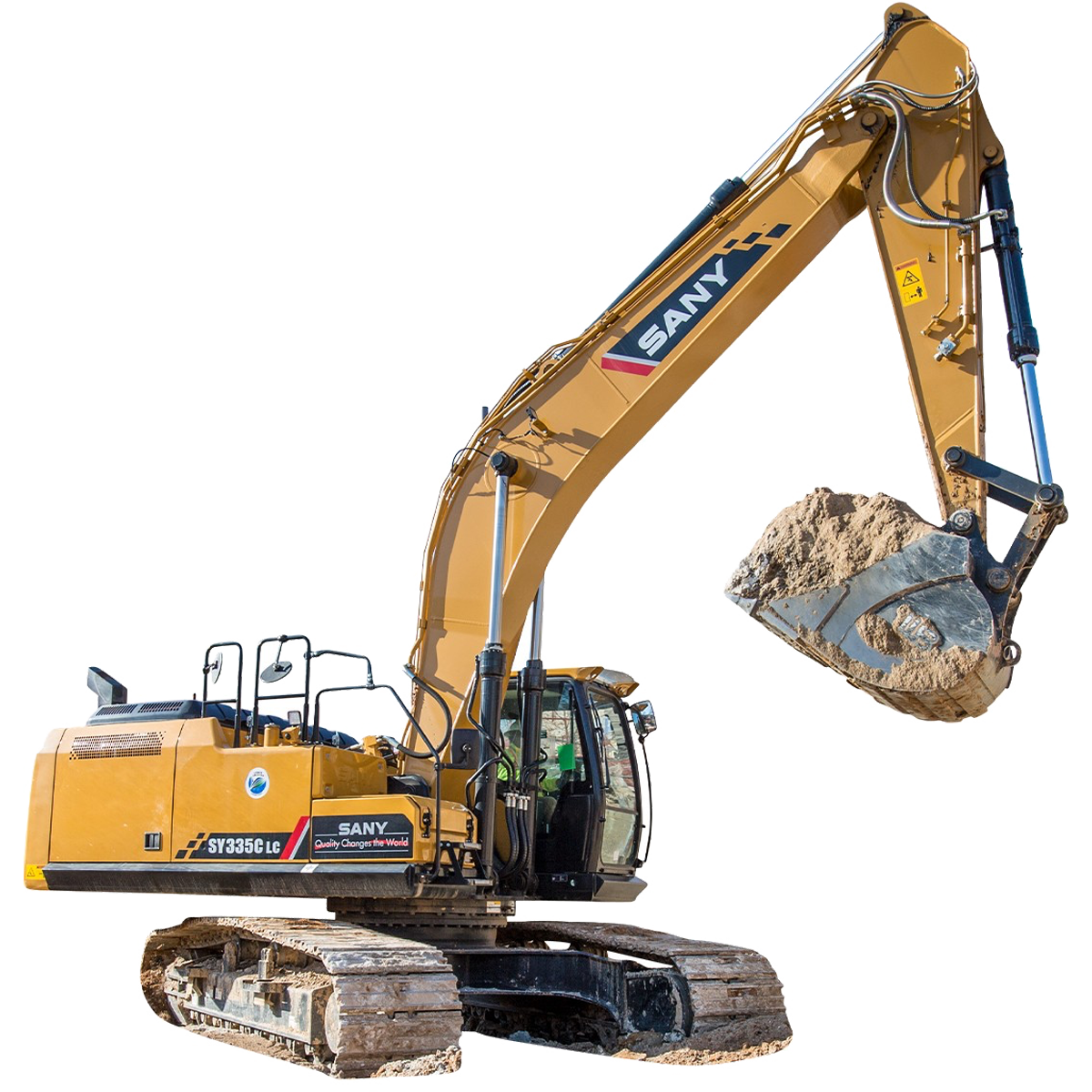 Yellow SANY excavator scoops dirt from the ground.