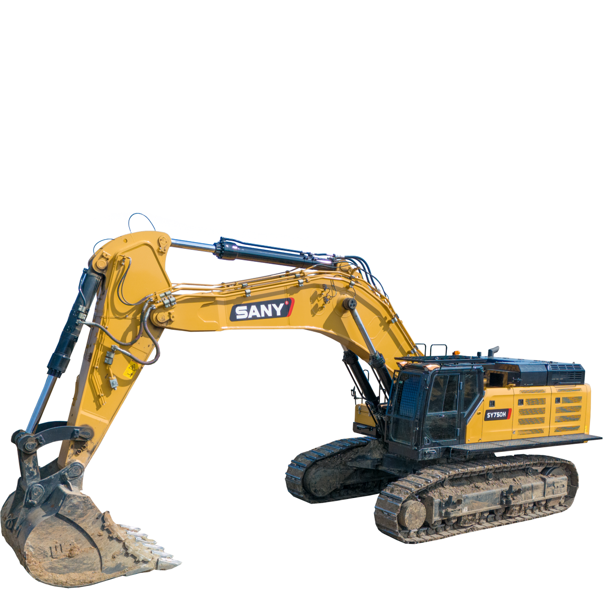Yellow SANY excavator on tracks; digging in dirt, construction site.