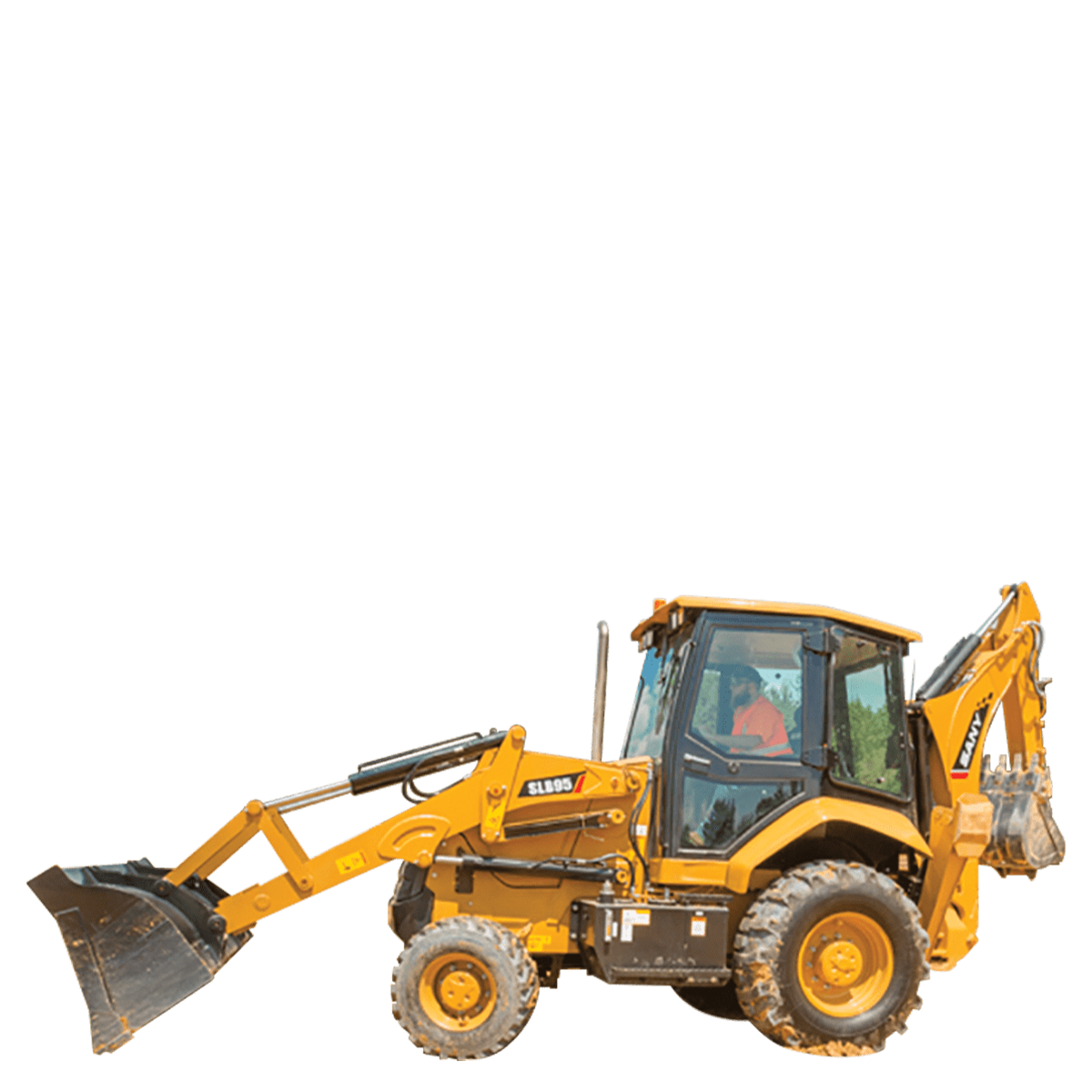 Yellow backhoe on a construction site, with its bucket lowered.