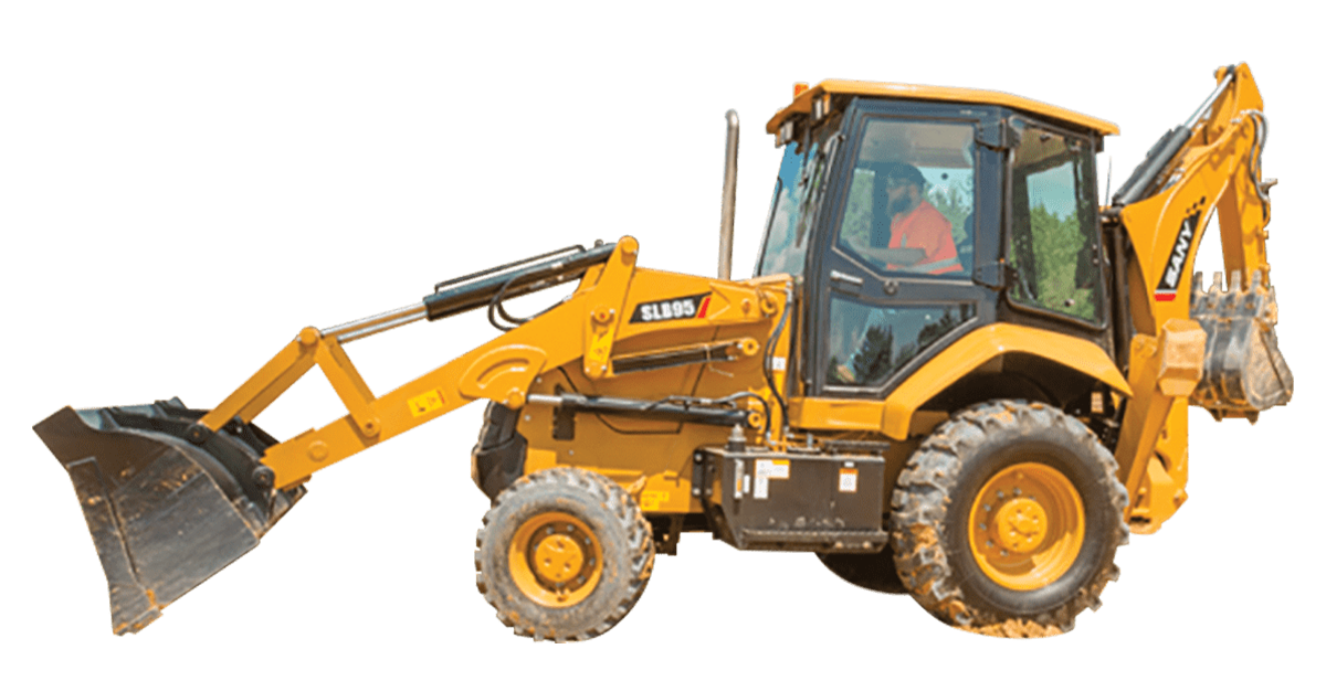 Yellow backhoe loader with front bucket and rear excavator arm; construction site.