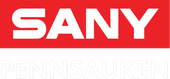 Logo for SANY in white text on a red rectangle, below it is 